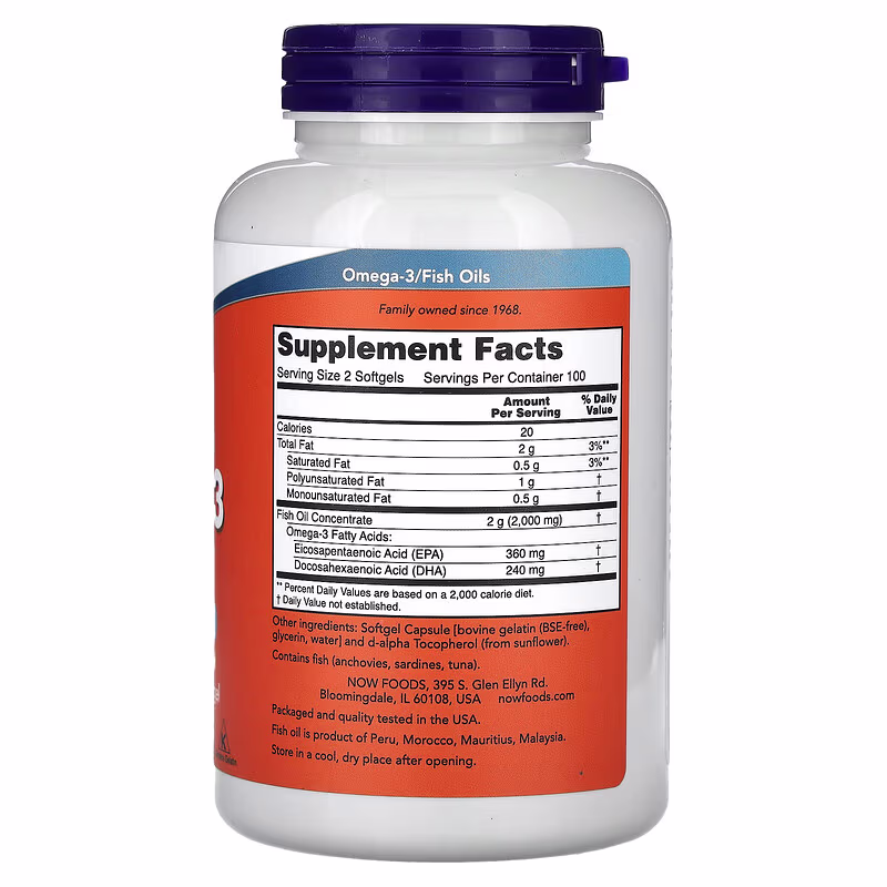 Alternative view of Omega 3 Fish Oil 200 Softgels – EPA & DHA pour le Cœur et le Cerveau | NOW Foods