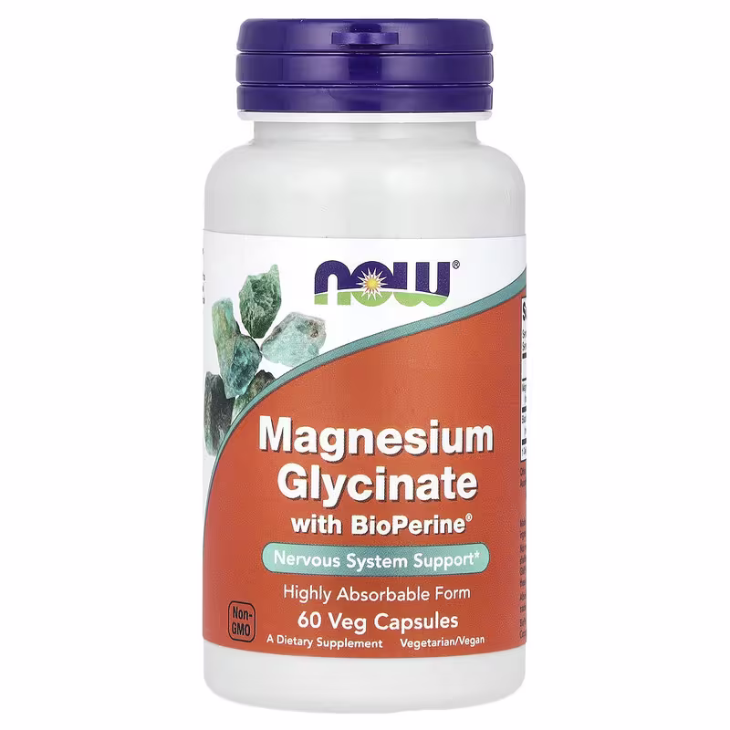 NOW Foods Magnesium Glycinate with BioPerine – 60 Veg Caps | امتصاص عالي لتهدئة الأعصاب والعضلات