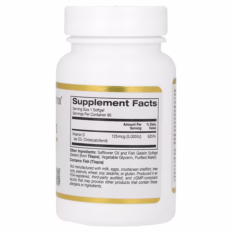 Alternative view of California Gold Nutrition Vitamin D3 125 mcg (5,000 IU) 90 Fish Gelatin Softgels