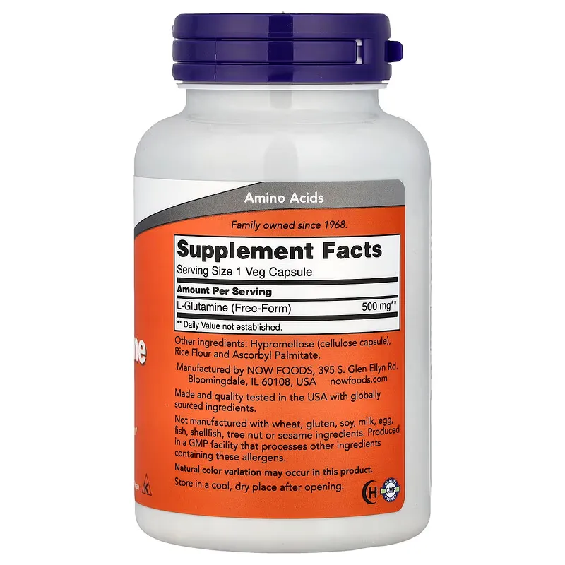 NOW Foods L-Glutamine 500mg 120 Veg Capsules – Recovery & Immune Support - الصورة 2