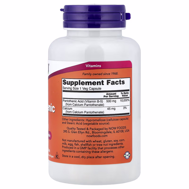 NOW Foods Pantothenic Acid 500 mg 100 Veg Capsules Vitamin B5