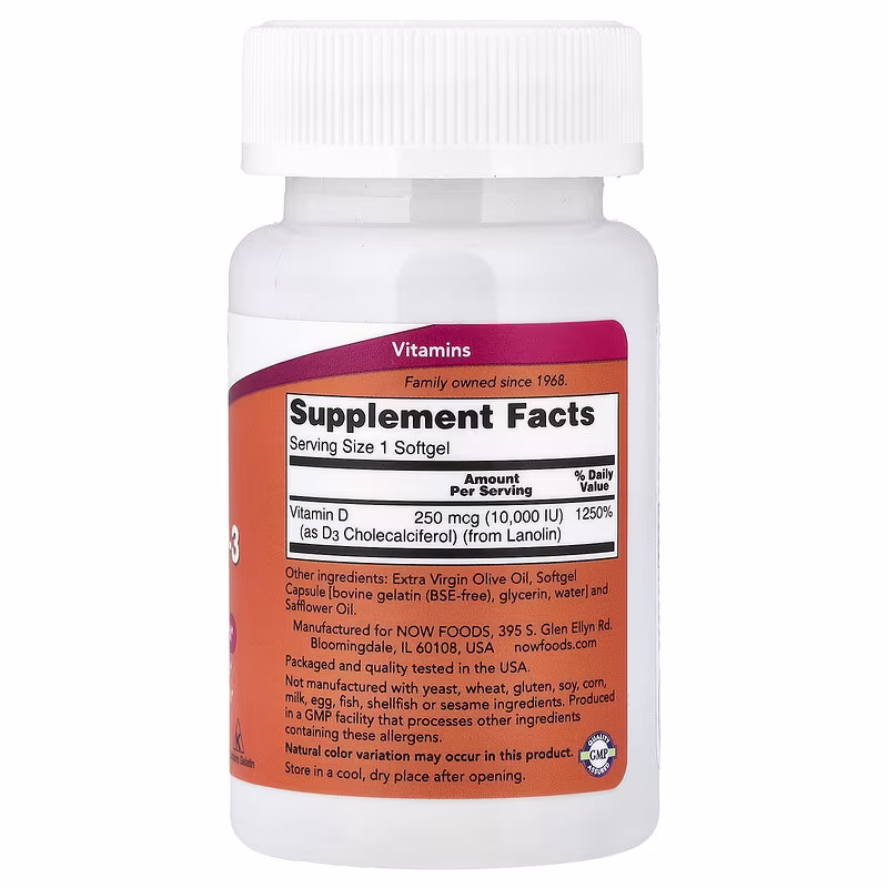 Alternative view of NOW Foods Vitamin D3 10,000 IU 120 Softgels – Bone & Immune Support